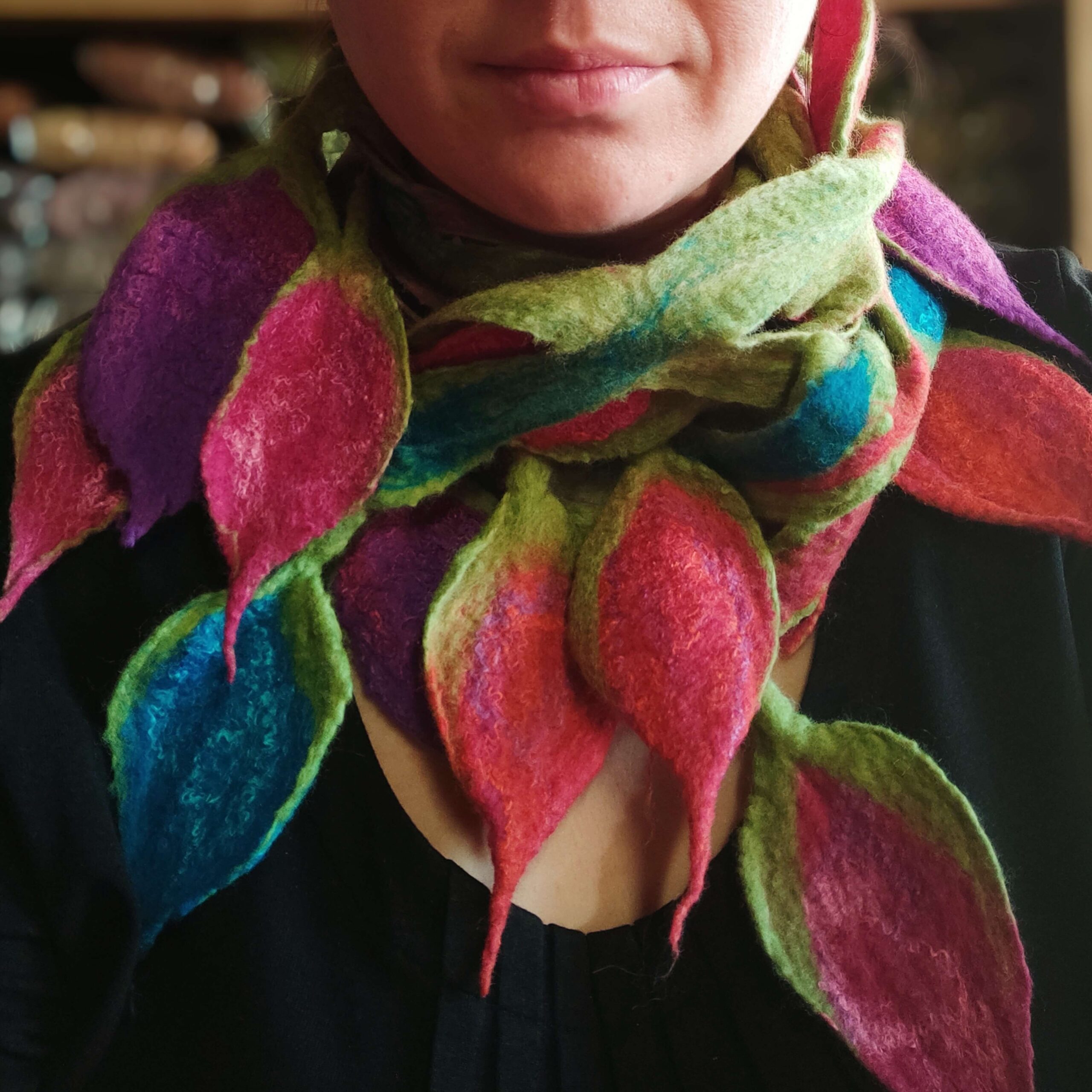 colorfull openwork scarf with leaves