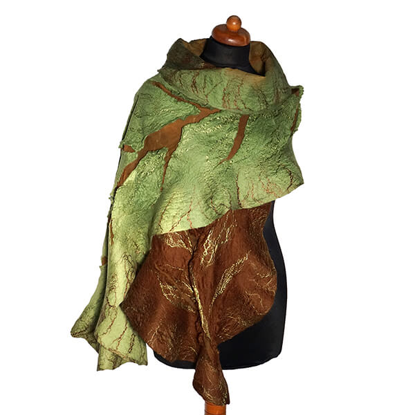 scarf leaf green and brown silk felt scarf